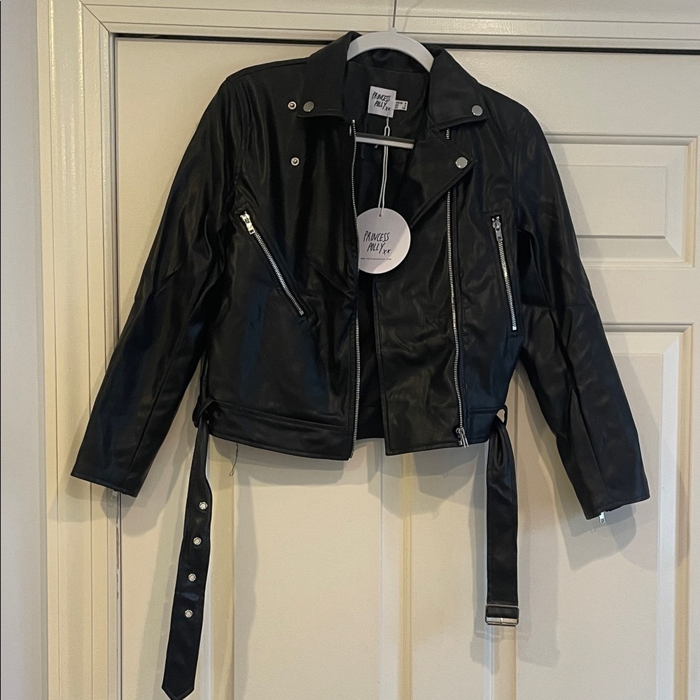 Princess Polly Black Faux Leather Moto Jacket with Belt